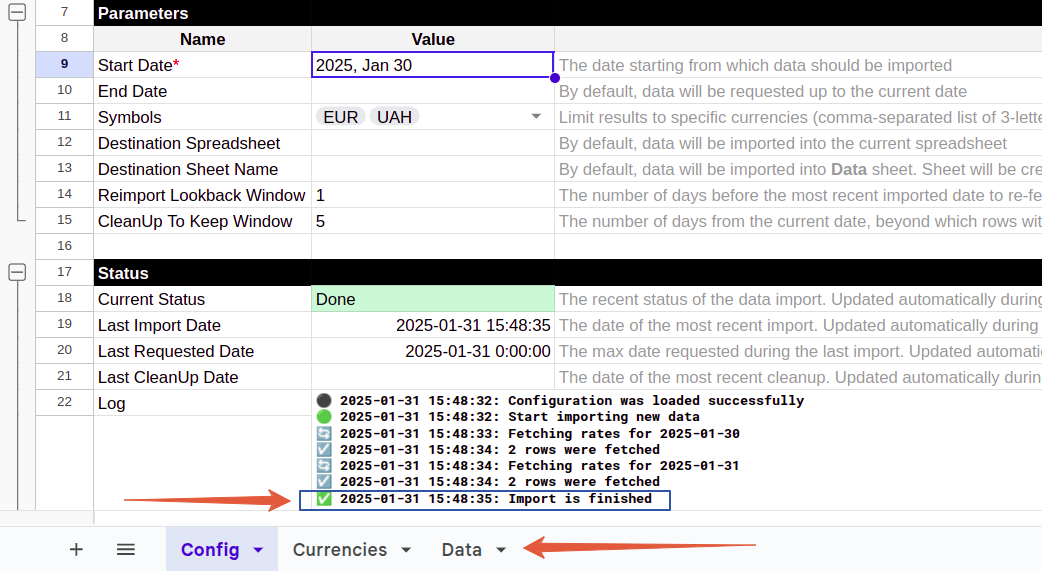 Log output confirming that the Open Exchange Rates import is complete. i-shadow