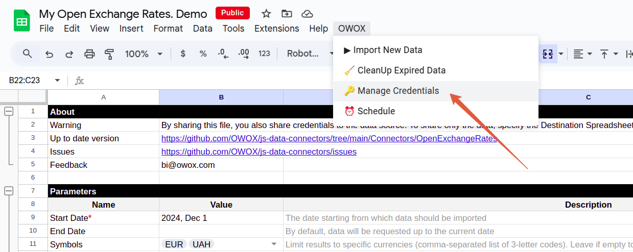 Google Sheets menu showing the “Manage credentials” option under the OWOX tab. i-shadow