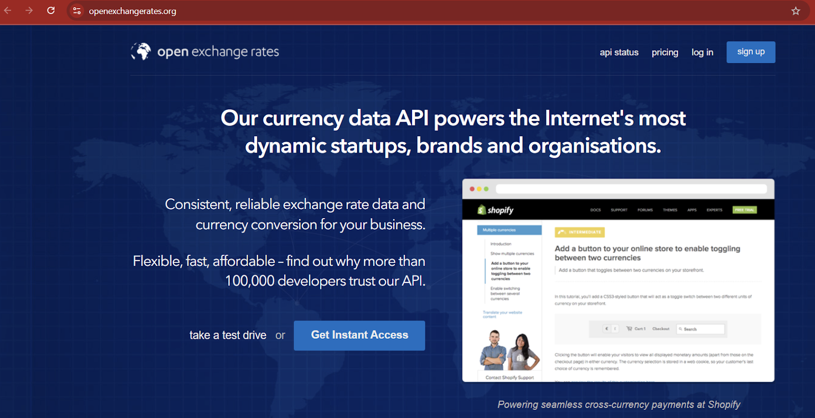 Homepage of Open Exchange Rates showcasing its currency data API and sign-up options. i-shadow