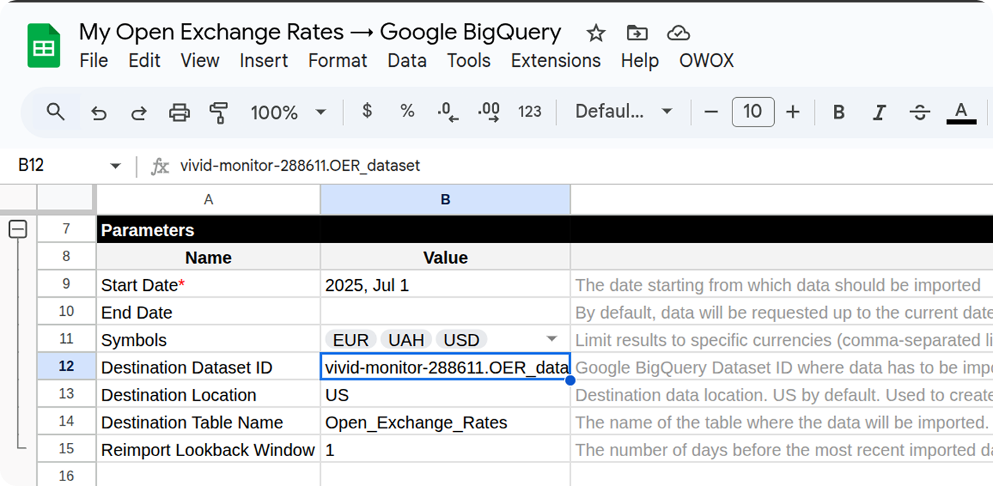 Specifying the destination BigQuery dataset ID for importing Open Exchange Rates in the configuration sheet.  i-shadow i-radius