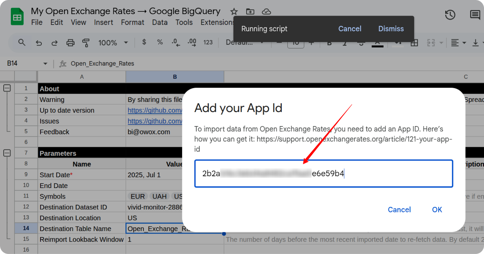 Dialog box prompting to paste the Open Exchange Rates App ID. i-shadow i-radius