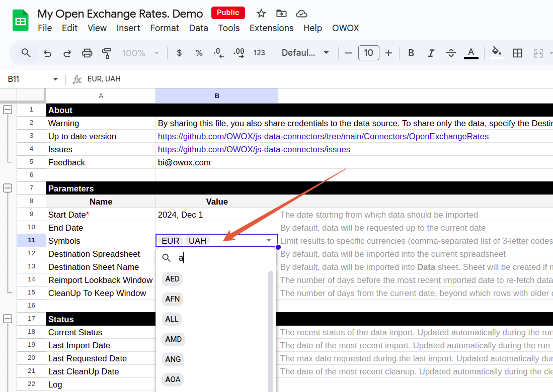 BigQuery template showing currency symbols being selected from a dropdown list for Open Exchange Rates import. i-shadow