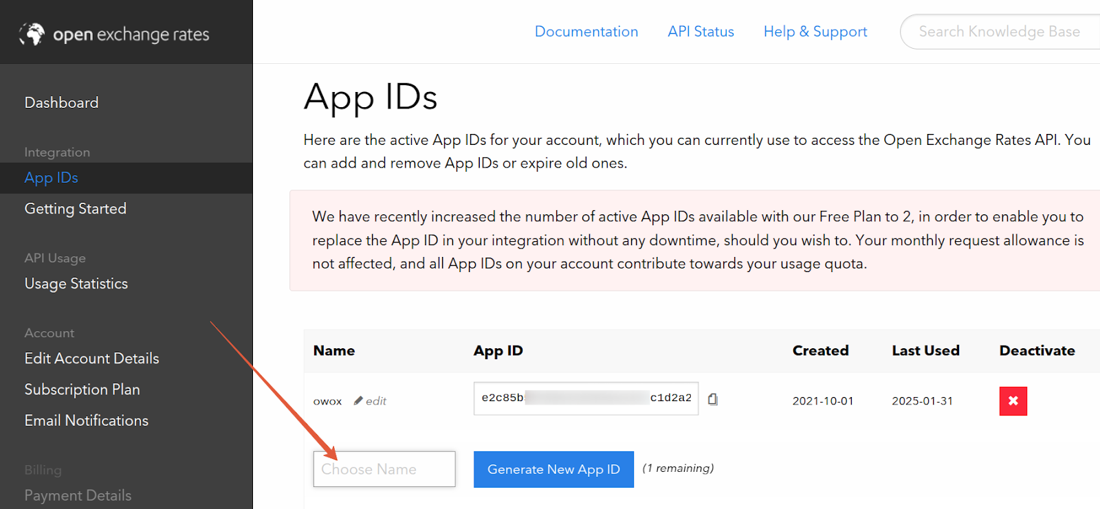 Open Exchange Rates App IDs page showing the interface to enter a name and generate a new App ID, with one existing App ID already listed. i-shadow