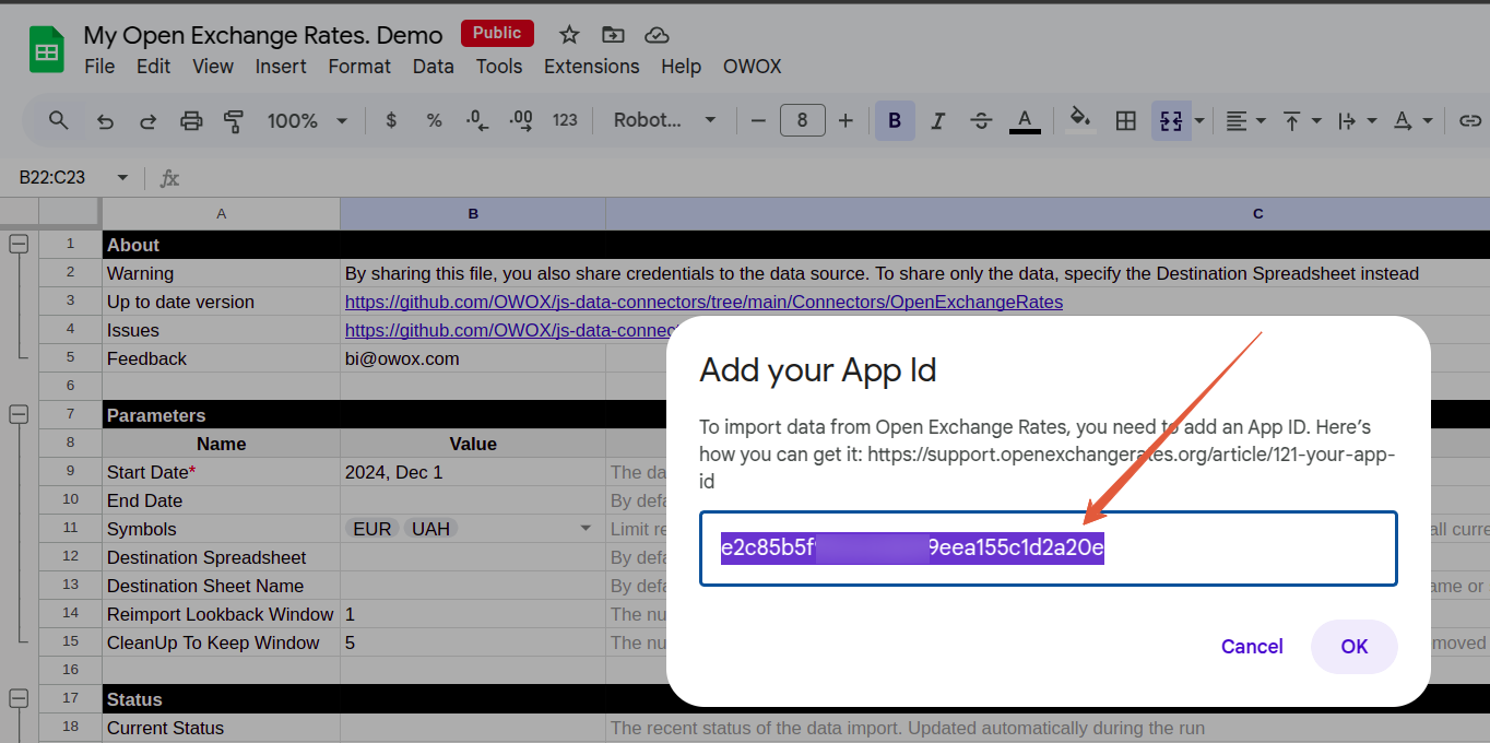 Dialog box prompting to paste the Open Exchange Rates App ID. i-shadow