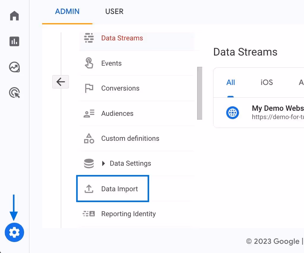 GA4 Admin interface is showing the highlighted “Data Import” option under the property settings menu.