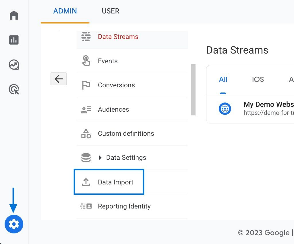 GA4 Admin interface is showing the highlighted “Data Import” option under the property settings menu.