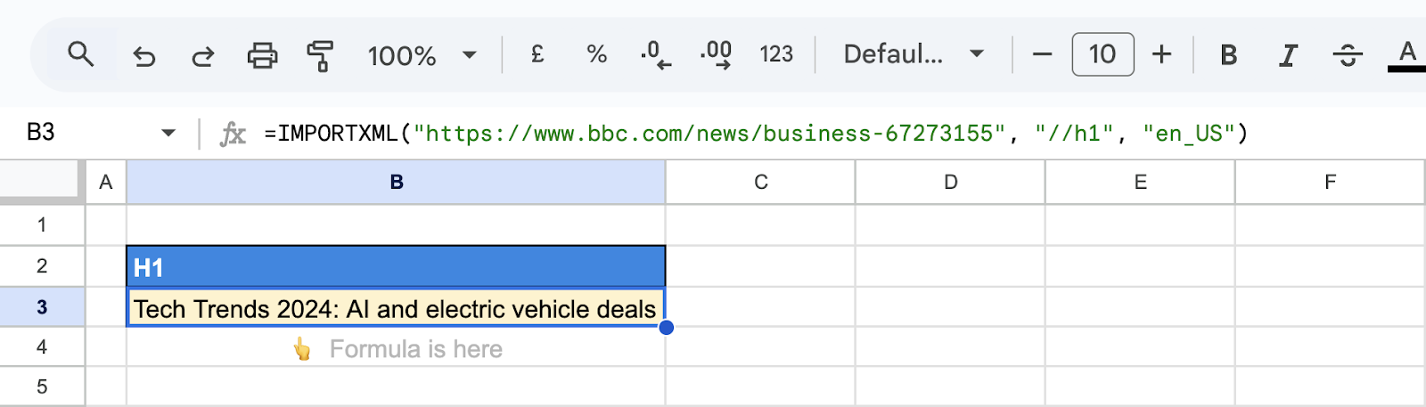 Extracting an H1 heading from a webpage using ImportXML in Google Sheets. i-shadow