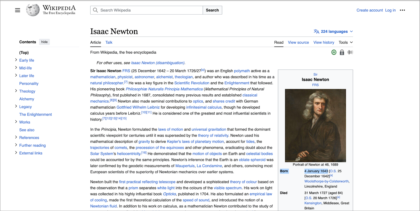 Extracting data from the Isaac Newton Wikipedia page using ImportXML in Google Sheets.
