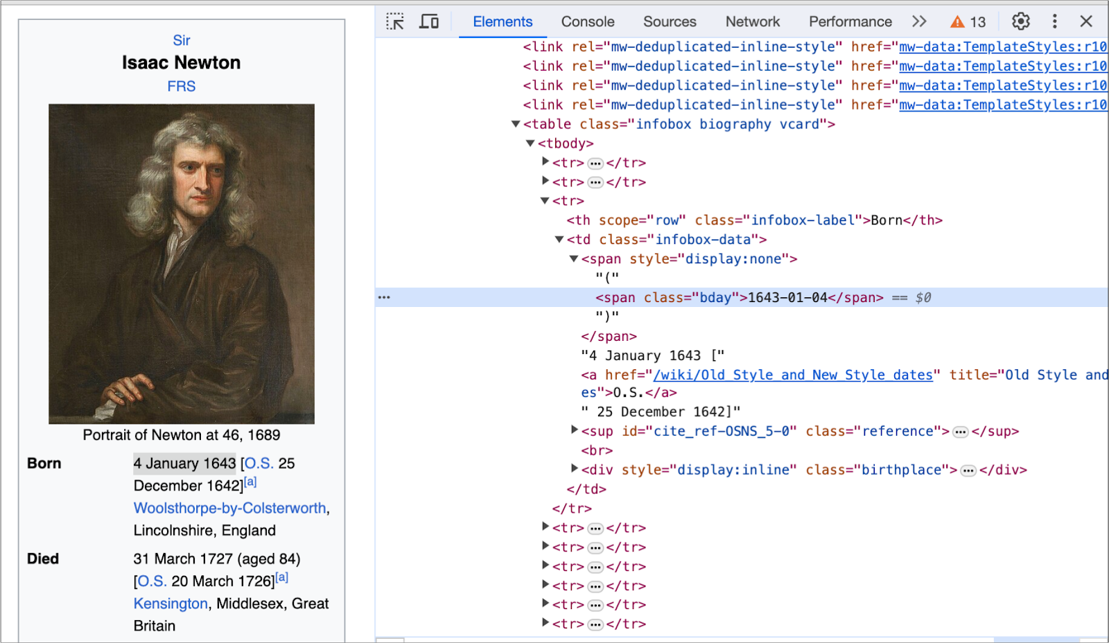 Inspecting the HTML structure of the Isaac Newton Wikipedia page for use with ImportXML in Google Sheets.