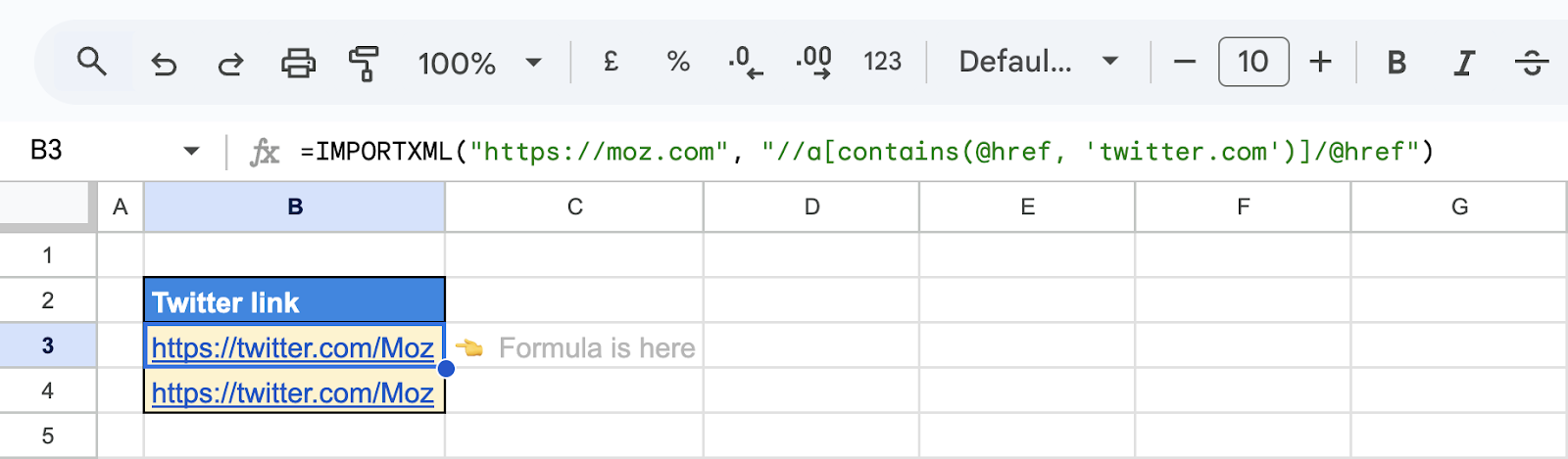 Extracting Twitter handle information from a webpage using ImportXML in Google Sheets. i-shadow