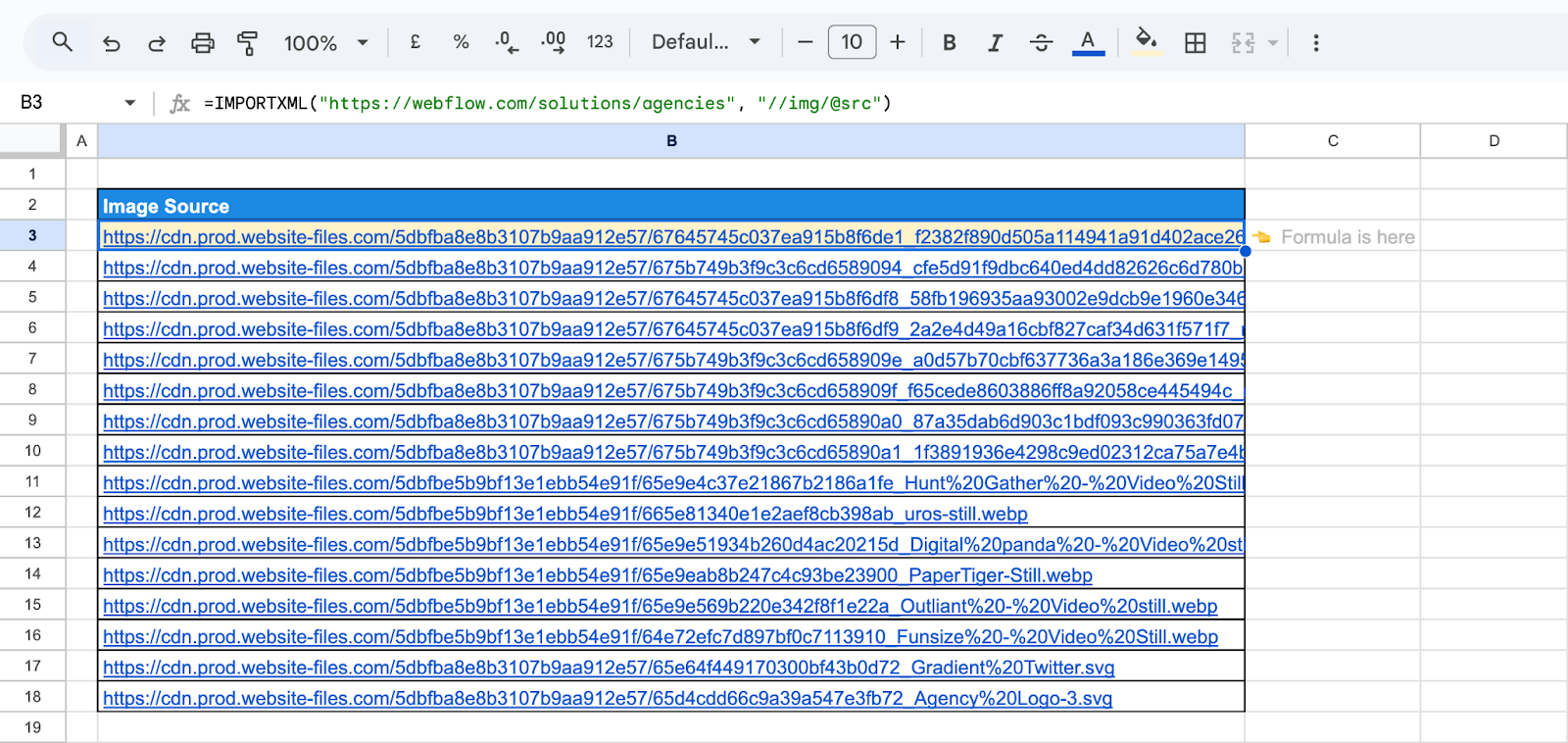 Extracting image sources from a webpage using ImportXML in Google Sheets. i-shadow