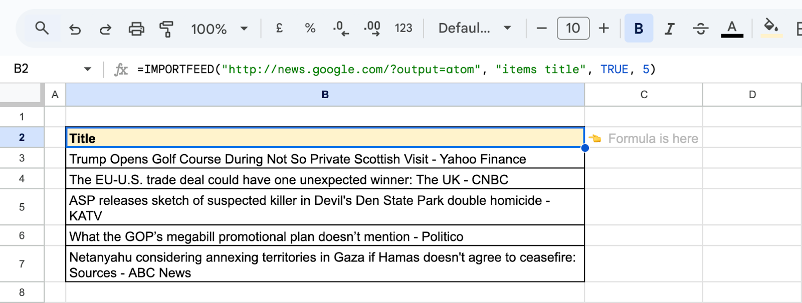 Importing a specific number of items from an RSS feed using ImportFEED in Google Sheets.  i-shadow
