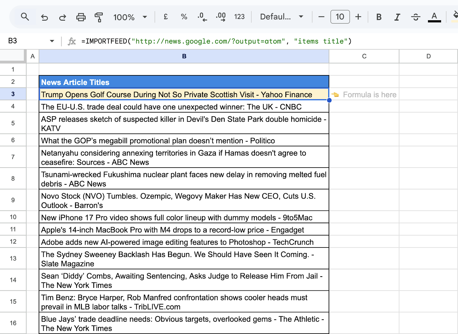 Fetching a specific item from an RSS feed using ImportFEED in Google Sheets. i-shadow