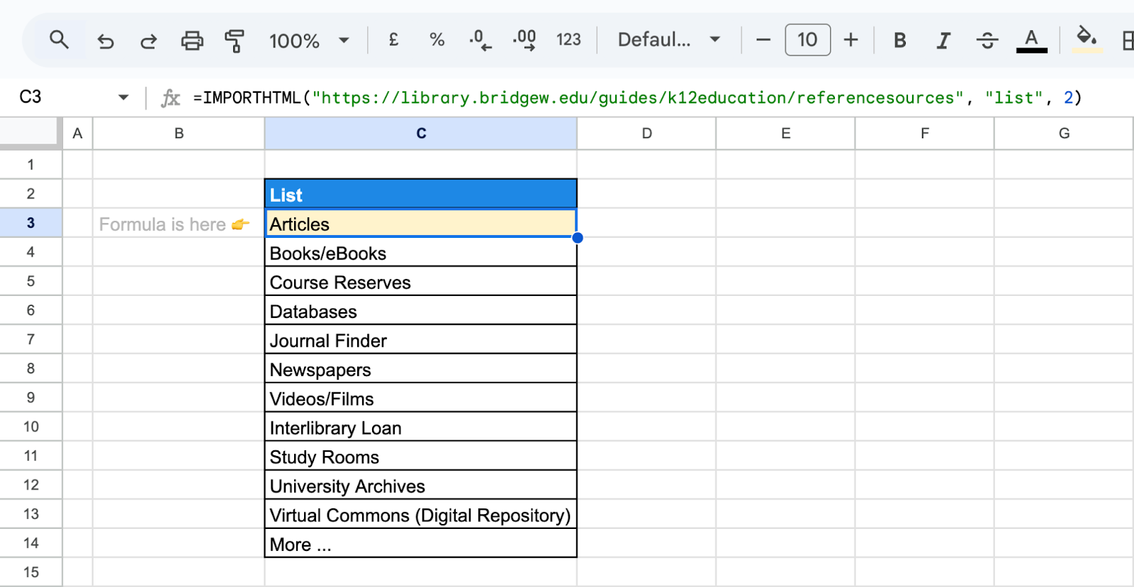 Importing a list from a webpage into Google Sheets using ImportHTML. i-border
