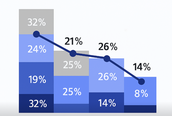 Cluttered chart combining stacked bars and a line graph with overlapping data points and labels, illustrating poor visual clarity.