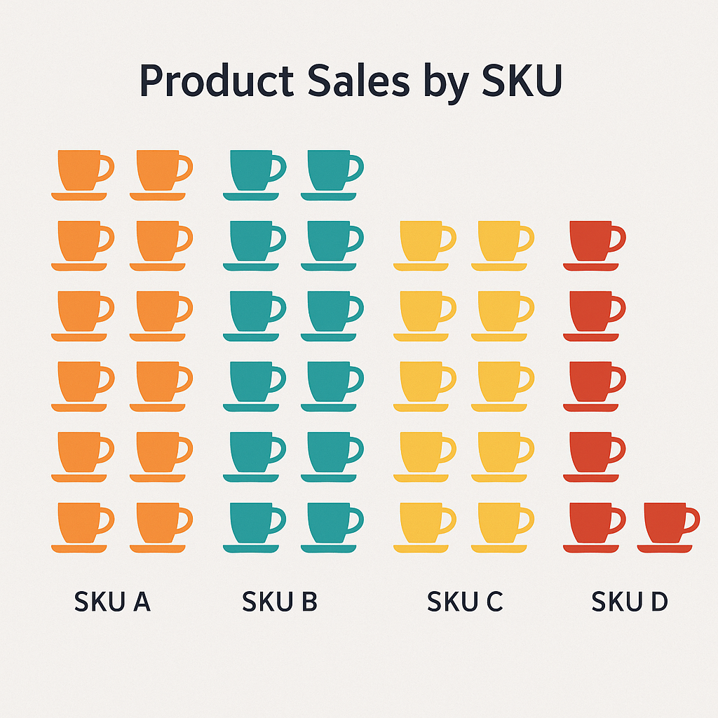Bad example of a Pictorial Chart with unclear representation of sales data comparison per SKU.