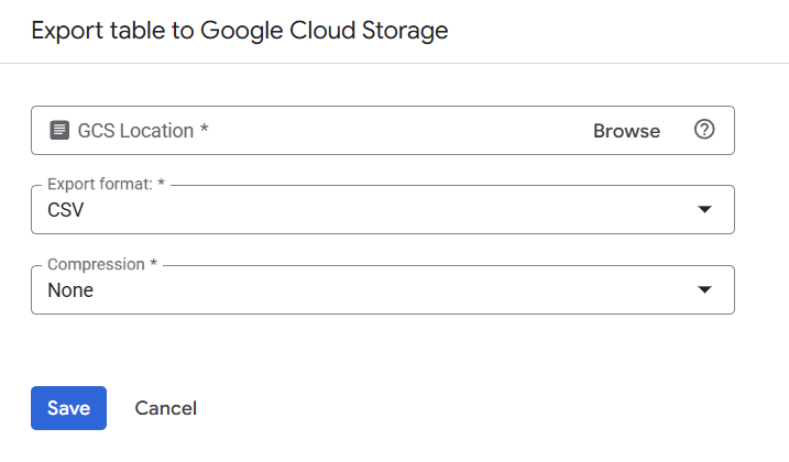 Export dialog box in Google Cloud Console for saving a BigQuery table to Google Cloud Storage with options to specify file path, export format (CSV). i-shadow