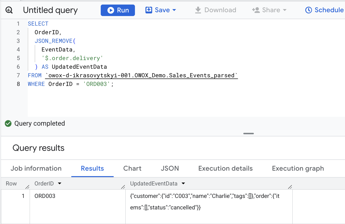 BigQuery using JSON_REMOVE to delete the delivery field from a canceled order's JSON object. i-shadow