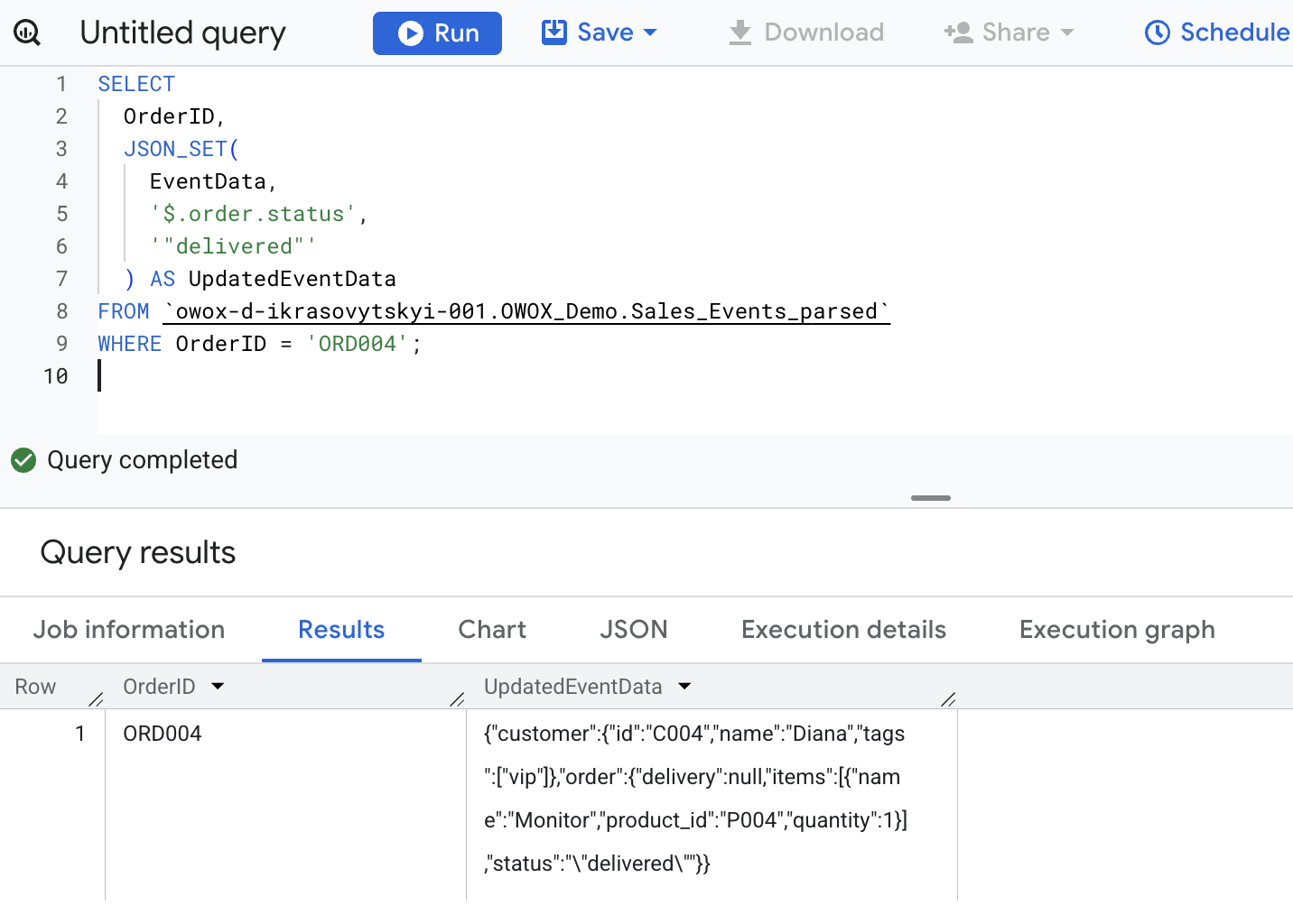 BigQuery query using JSON_SET to update the order status field in a customer's JSON record. i-shadow