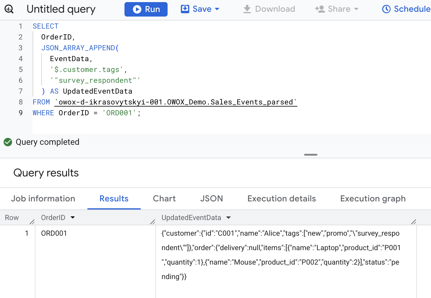 BigQuery using JSON_ARRAY_APPEND to add a new tag to the customer.tags array in a JSON record. i-shadow