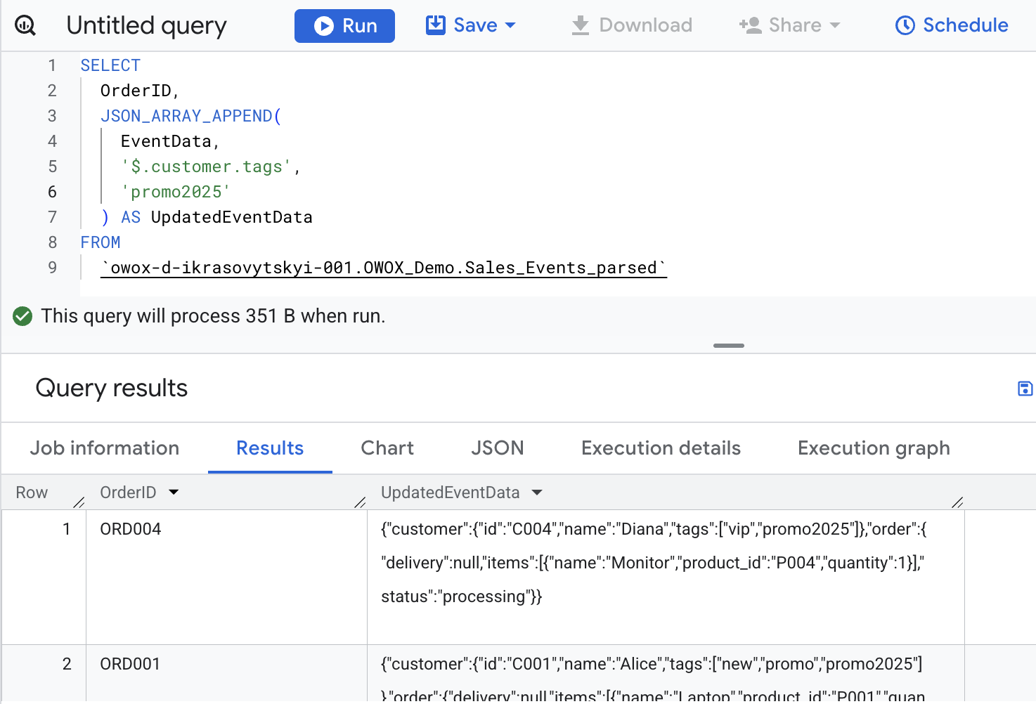 BigQuery query using JSON_ARRAY_APPEND to add a "loyalty" tag to a customer's tags array in JSON. i-shadow