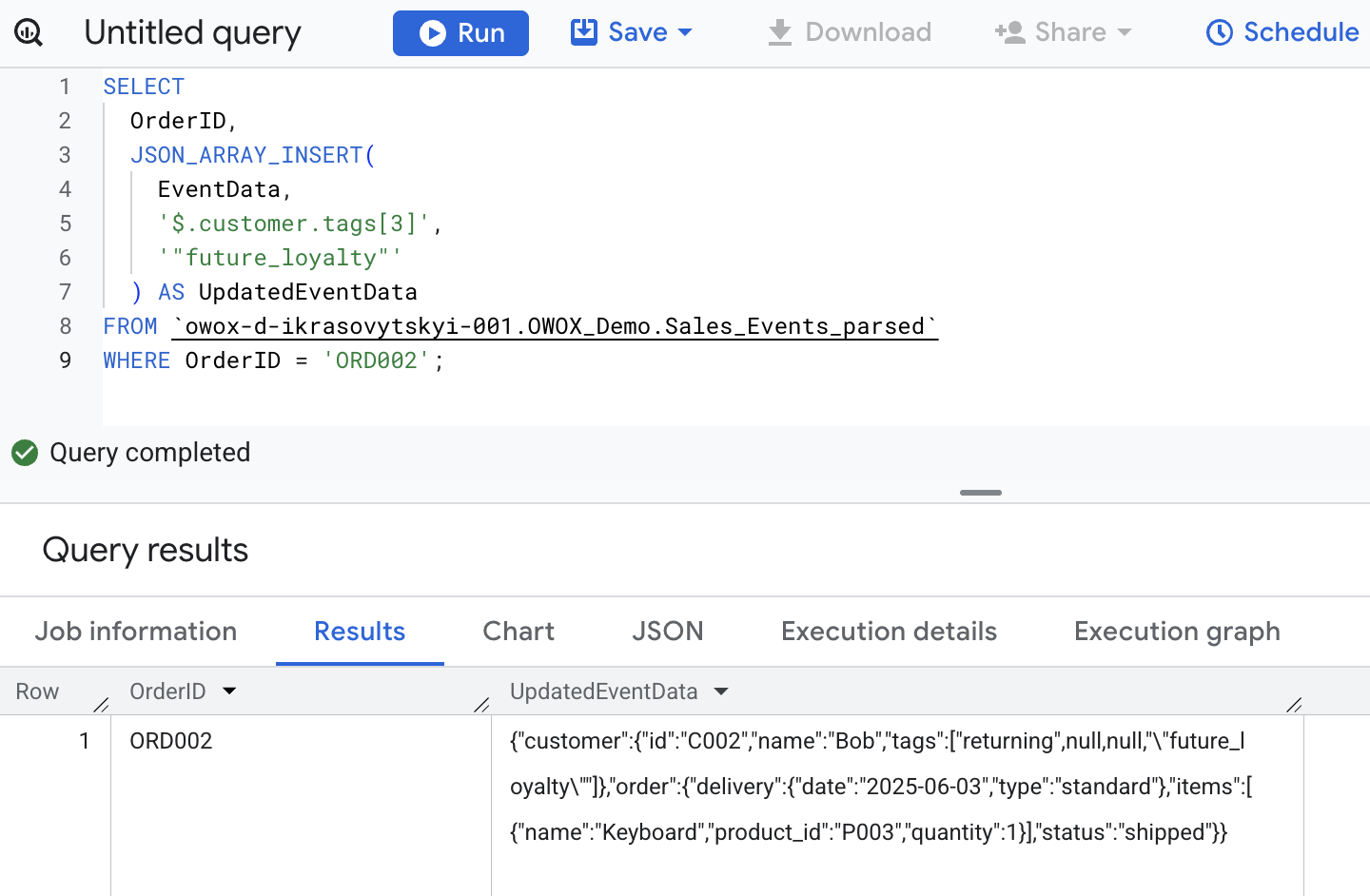 SQL query using JSON_ARRAY_INSERT to add "future_loyalty" at index 3 of the customer.tags array in the EventData JSON column for order ORD002. i-shadow