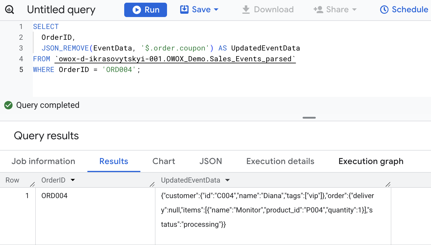 BigQuery using JSON_REMOVE to safely remove a non-existent field from a JSON object without altering the original structure. i-shadow