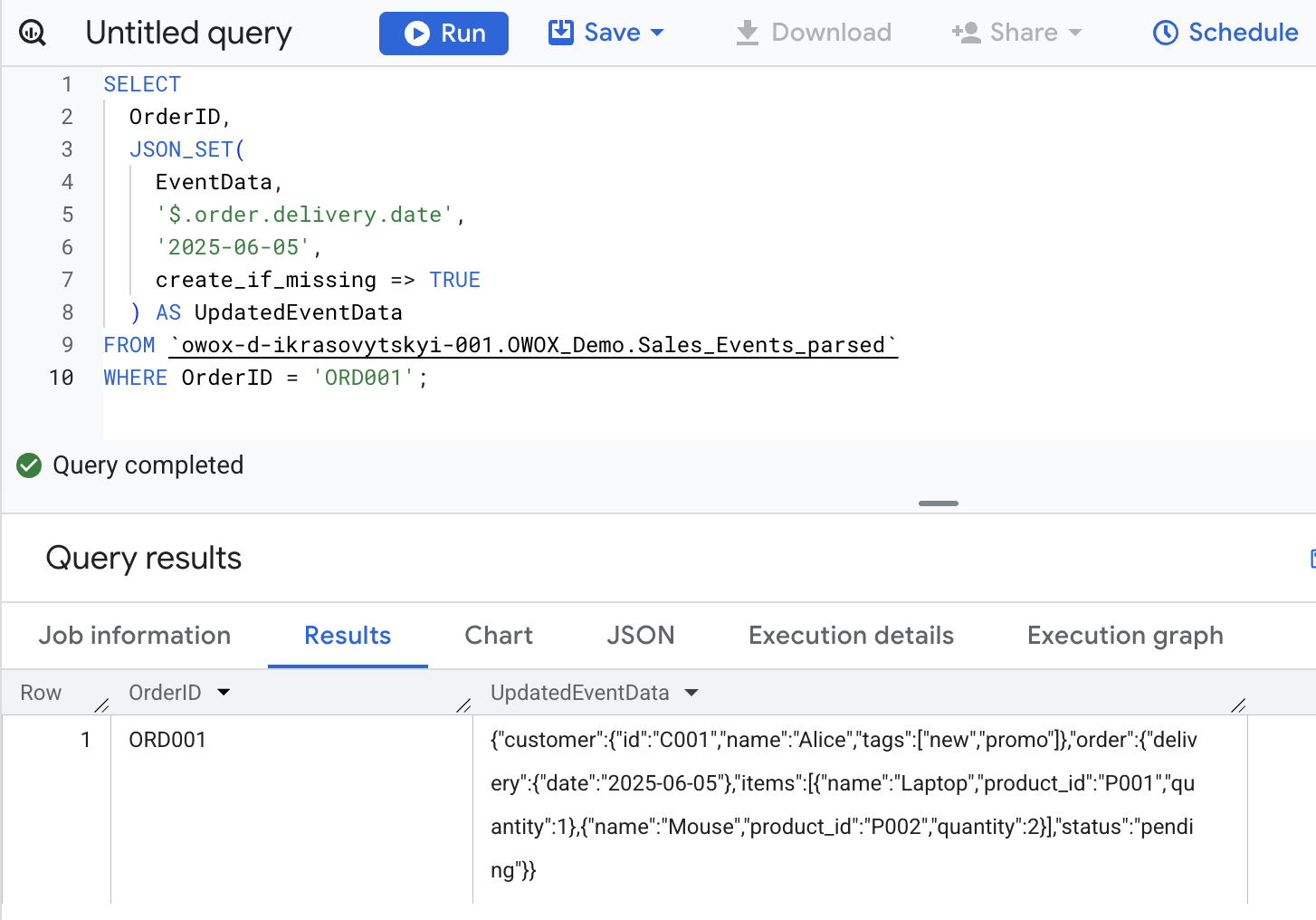 BigQuery using JSON_SET to insert a delivery date into a nested JSON object within order data. i-shadow
