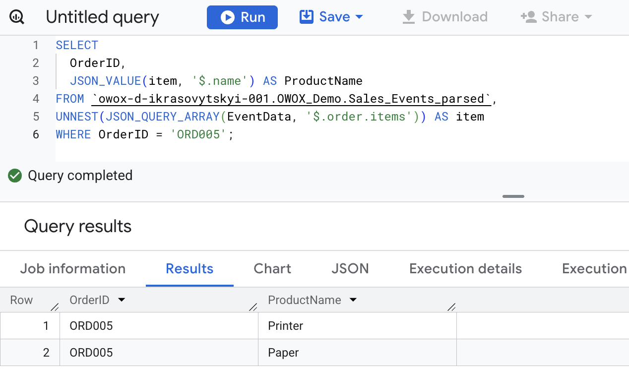 BigQuery using JSON_QUERY_ARRAY and UNNEST to extract product names from a nested JSON array in customer order data. i-shadow