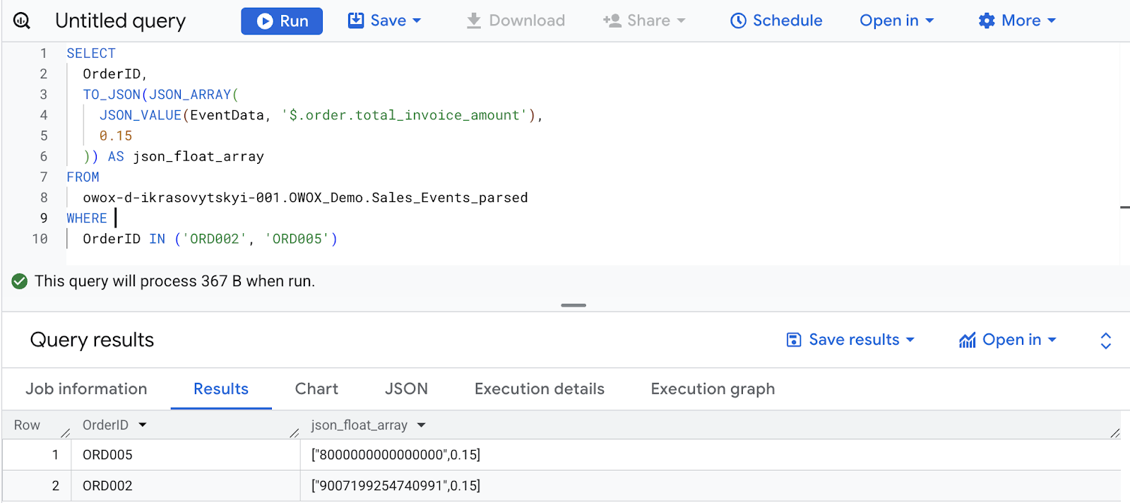 BigQuery query using TO_JSON with JSON_ARRAY to convert a large INT64 and a FLOAT64 into a unified FLOAT64 JSON array. i-shadow