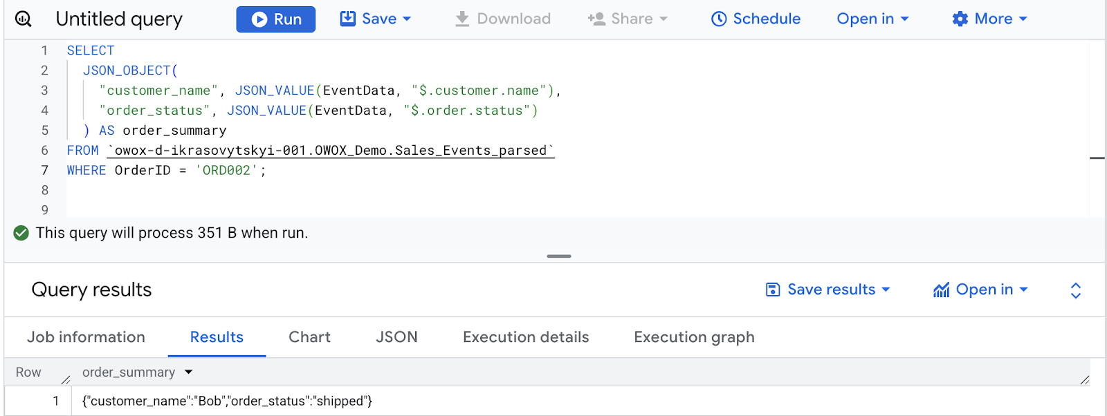 Using BigQuery JSON_OBJECT function to build a structured JSON object with customer name and order status from nested fields. i-shadow