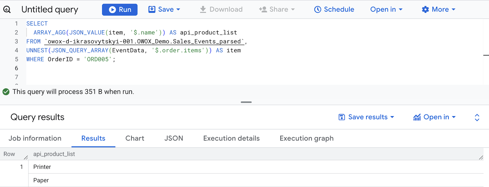 Using BigQuery JSON_QUERY_ARRAY function to create a JSON array of product names from nested JSON fields for API payloads. i-shadow