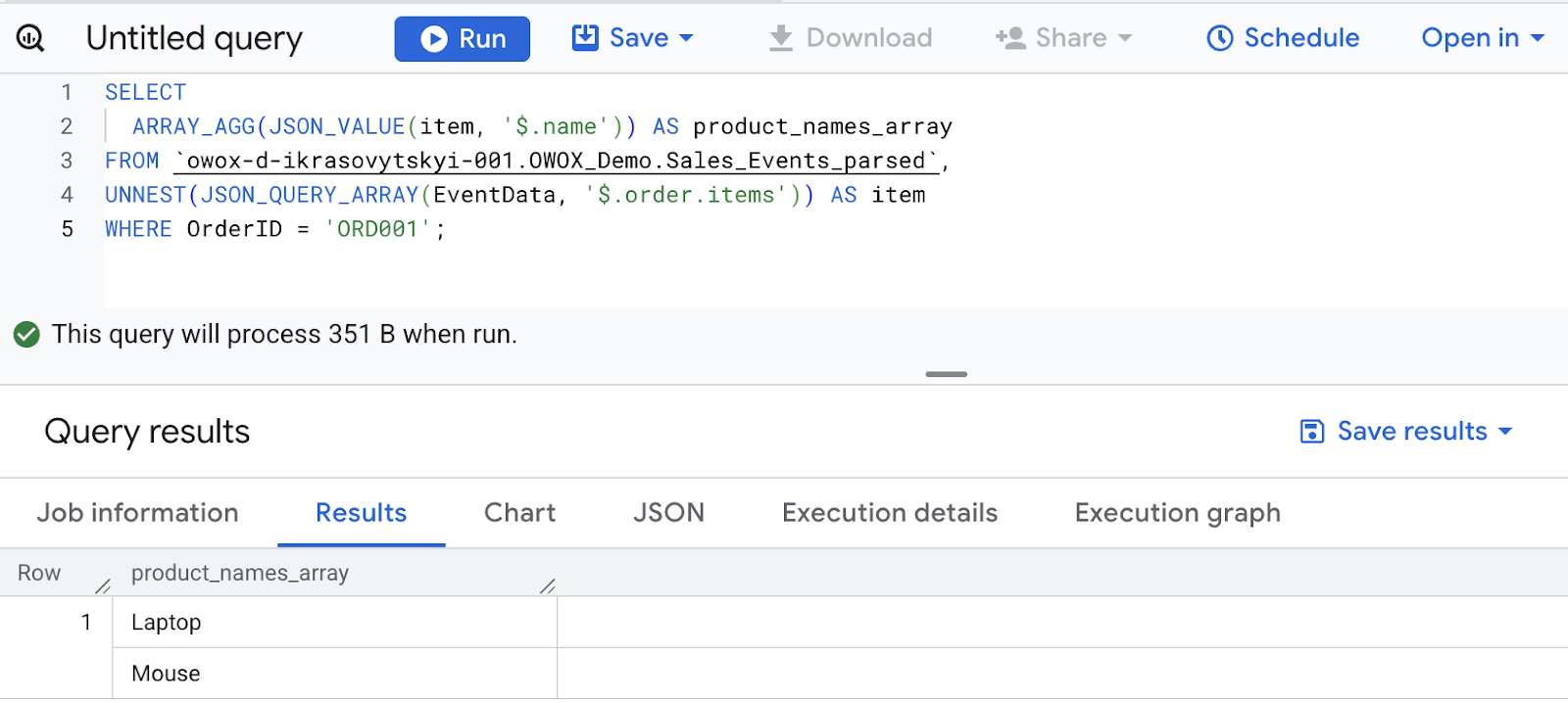 Using BigQuery JSON_QUERY_ARRAY function to collect product names into a single JSON array from nested order items. i-shadow