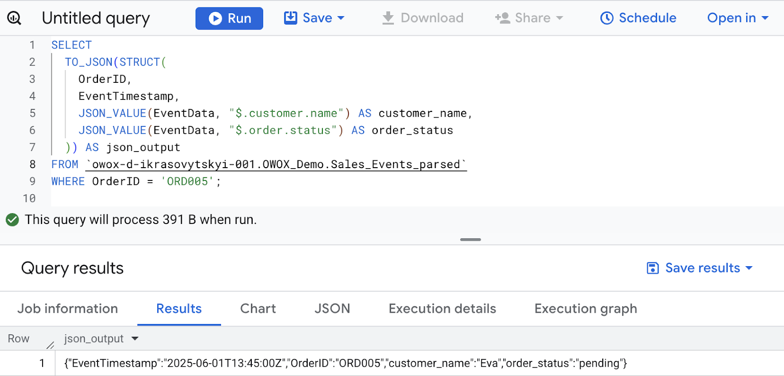 BigQuery TO_JSON function converting selected fields from a STRUCT into a JSON object for order ORD005. i-shadow