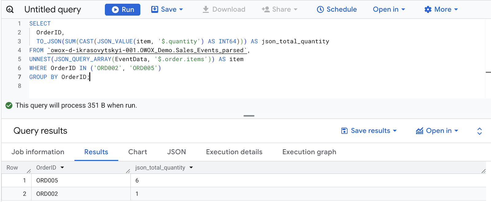 BigQuery query using TO_JSON to convert quantity into a JSON string from nested JSON data. i-shadow
