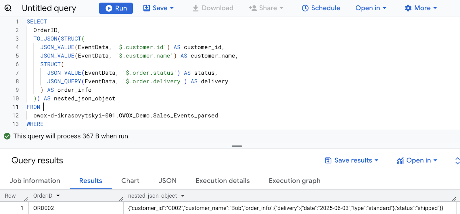  BigQuery query using TO_JSON with nested STRUCT to generate a hierarchical JSON object for customer and order details. i-shadow
