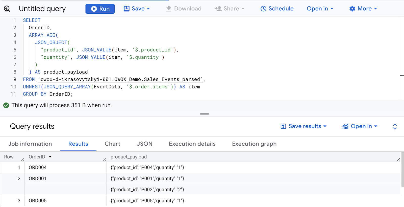BigQuery query using JSON_QUERY_ARRAY and JSON_OBJECT to generate a JSON array of product details per order. i-shadow