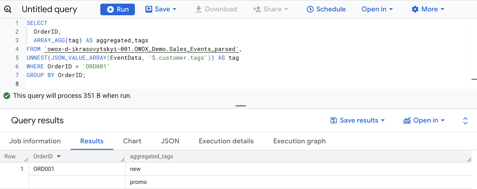 Using BigQuery ARRAY_AGG function to aggregate customer tags into a JSON array from a nested JSON field. i-shadow