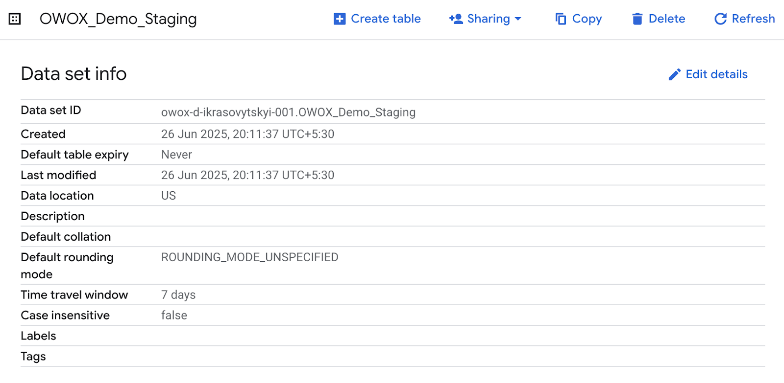 BigQuery dataset settings showing max_time_travel_hours set to 168 hours, the default 7-day time travel window. i-shadow