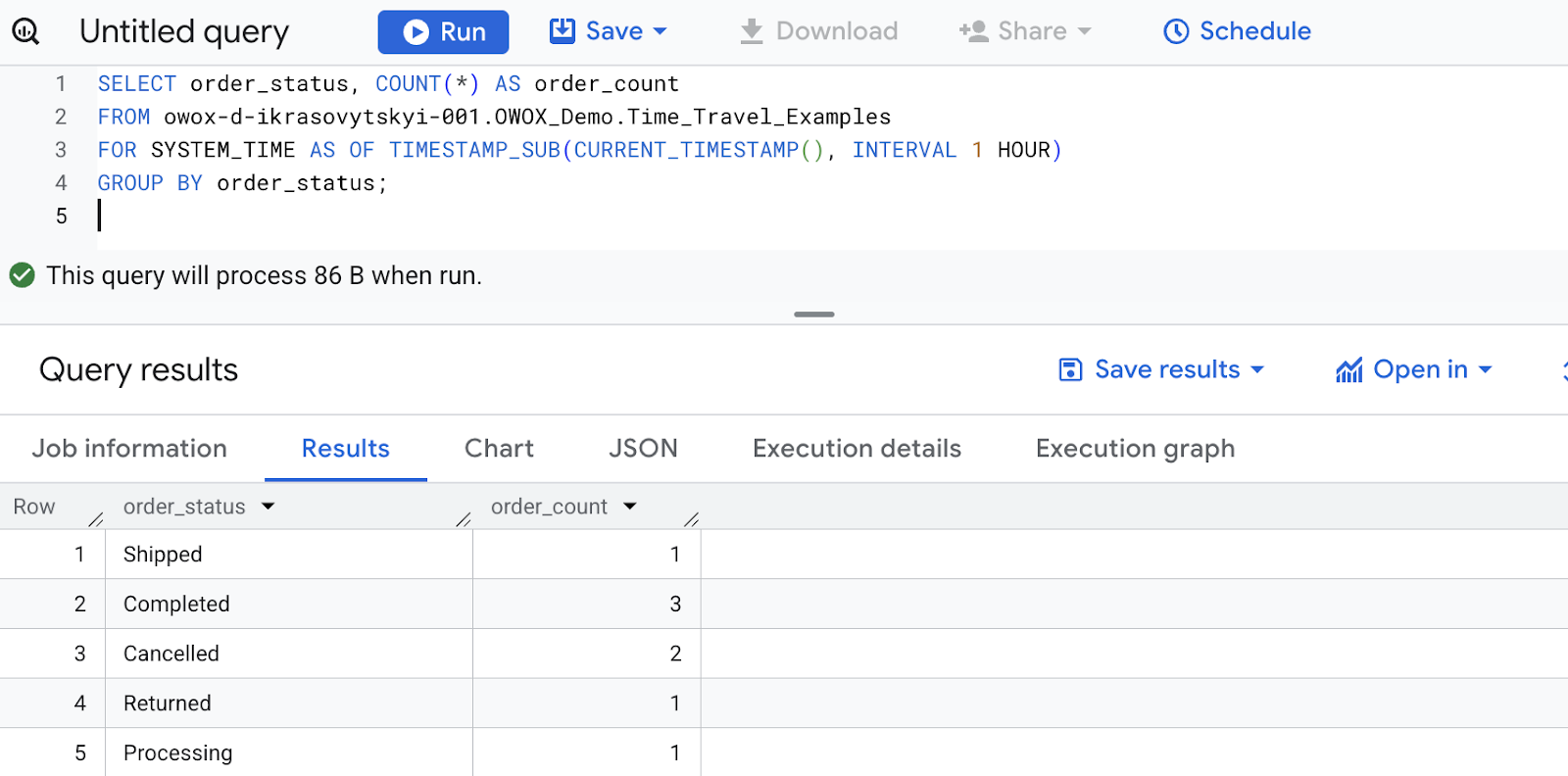 BigQuery Time Travel query showing how to view a table’s state from 1 hour ago using FOR SYSTEM_TIME AS OF. i-shadow