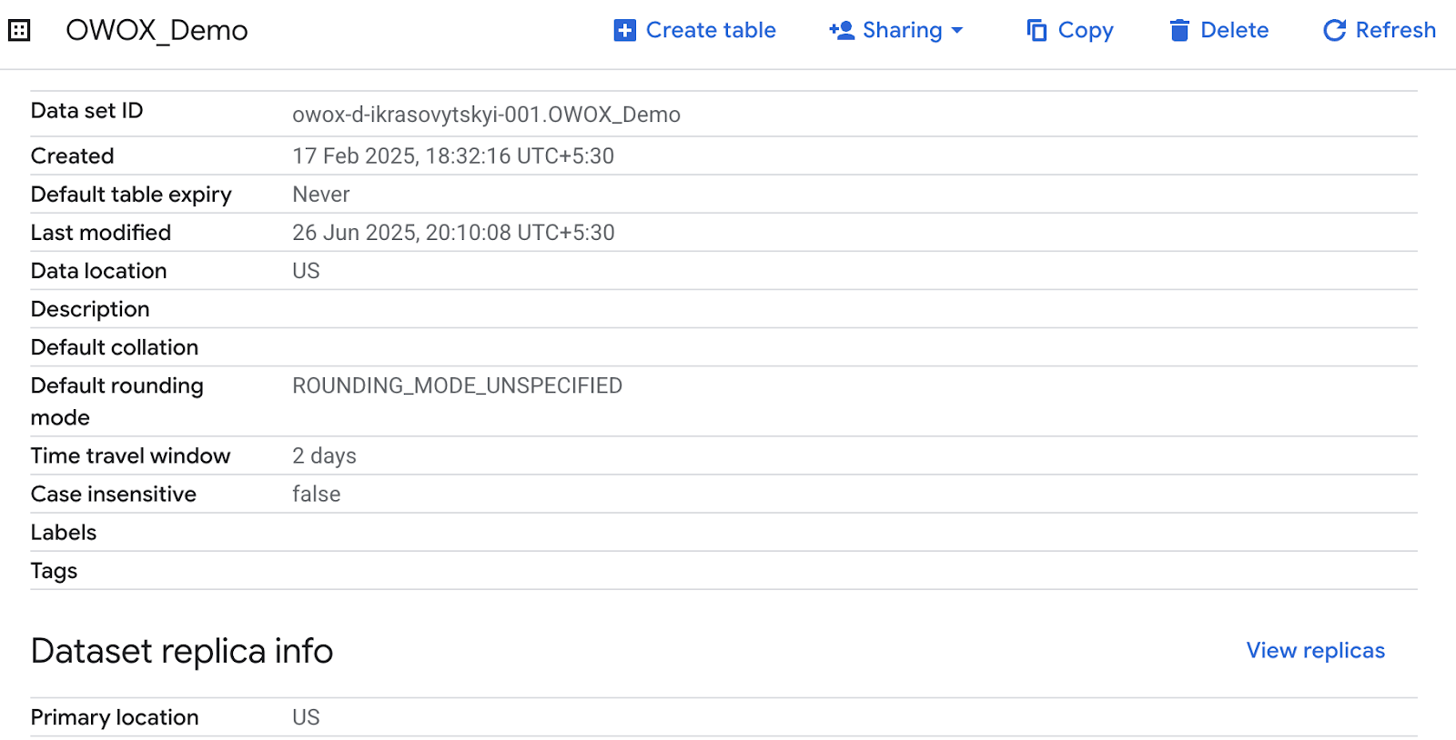 BigQuery dataset settings showing max_time_travel_hours updated to 24 hours after modifying the time travel retention period. i-shadow
