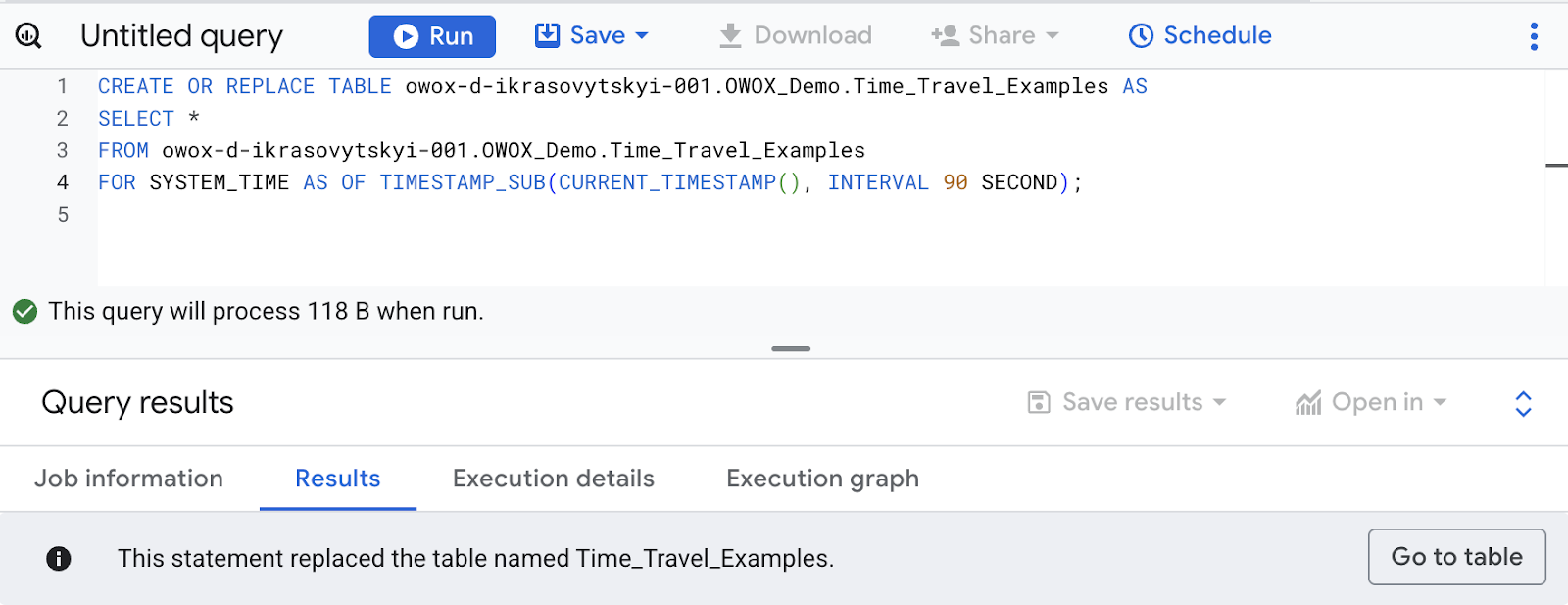 BigQuery time travel query using CREATE OR REPLACE TABLE to restore an overwritten table to its state from 90 seconds earlier. i-shadow