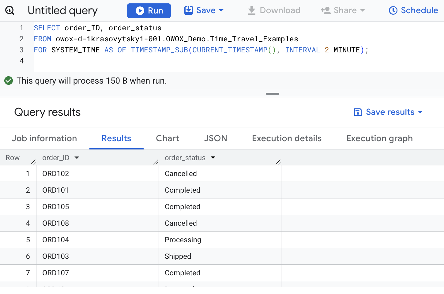 BigQuery Time Travel query retrieving a table version from 2 minutes earlier to recover mistakenly updated fields. i-shadow