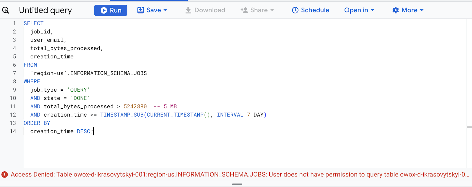 Filtering and scheduling BigQuery jobs to automatically track high-volume queries over the past 7 days using INFORMATION_SCHEMA.JOBS for ongoing performance analysis. i-shadow