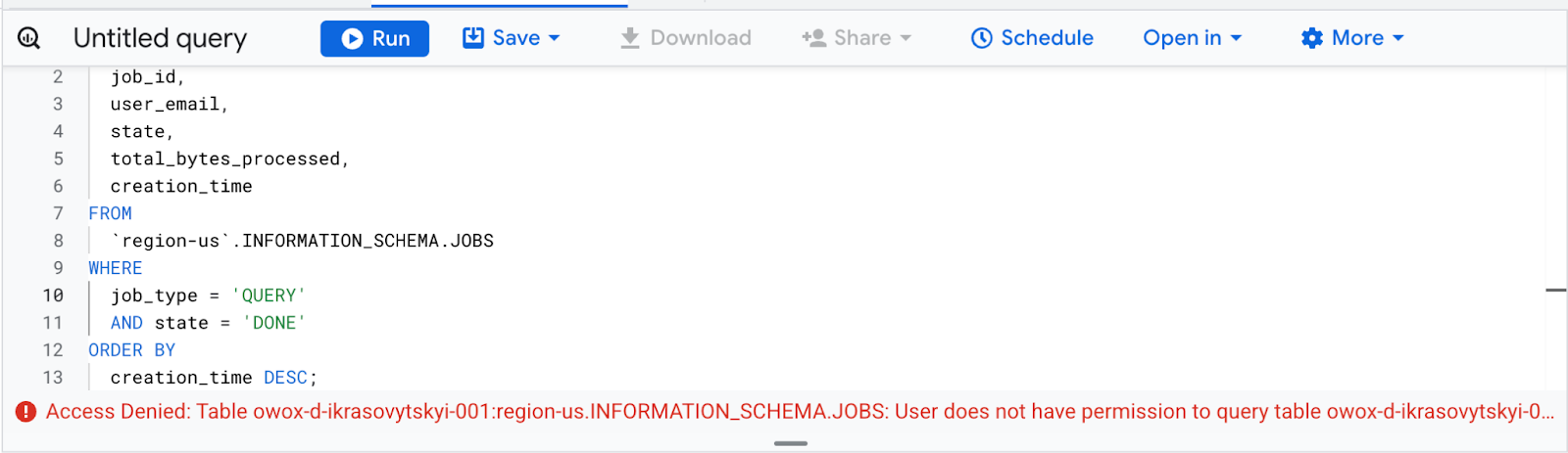 Retrieving completed query jobs using INFORMATION_SCHEMA.JOBS in BigQuery to monitor job status, resource usage, and execution time. i-shadow