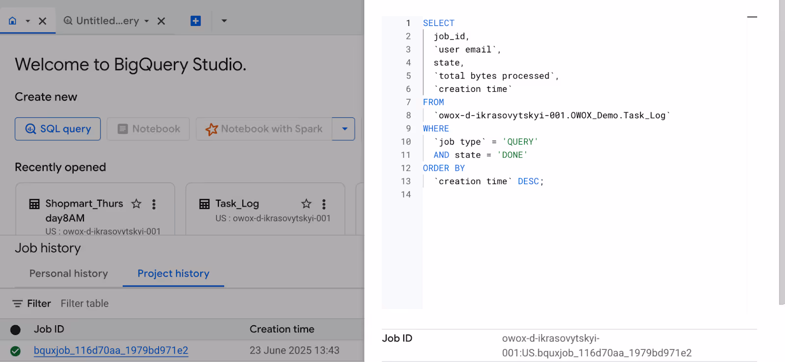 Expanded view of “Job History” section in the BigQuery showing the query used for the job.  i-shadow