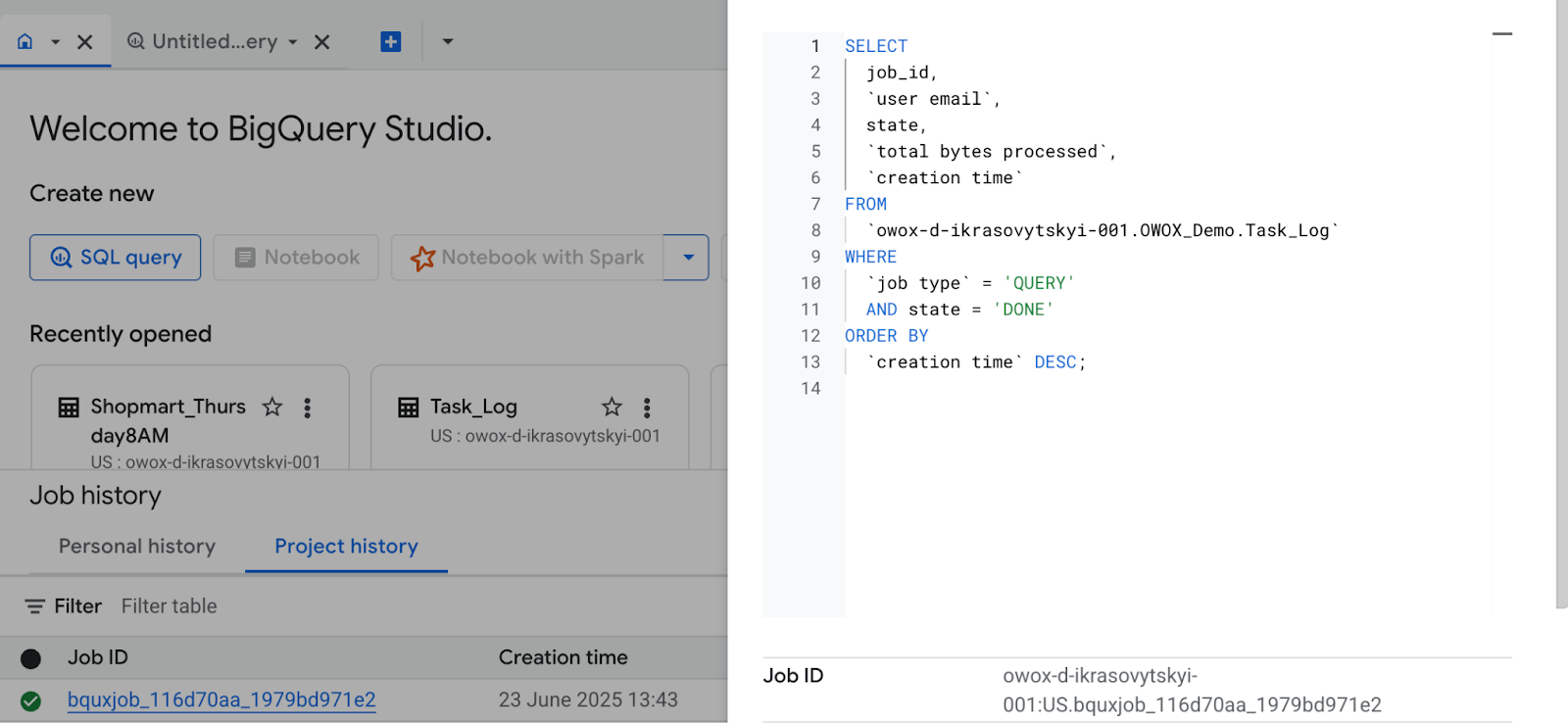 Expanded view of “Job History” section in the BigQuery showing the query used for the job.  i-shadow