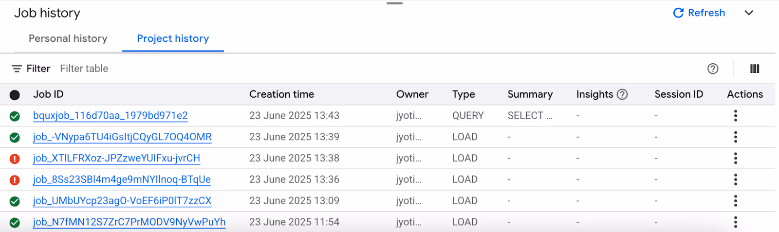 Clicking on the arrow beside “Refresh” for expanding the “Job History” section in BigQuery.  i-shadow