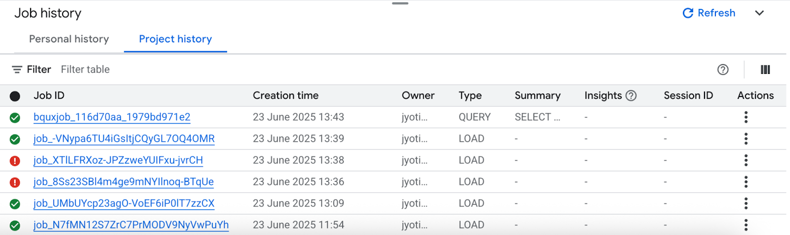 Clicking on the arrow beside “Refresh” for expanding the “Job History” section in BigQuery.  i-shadow
