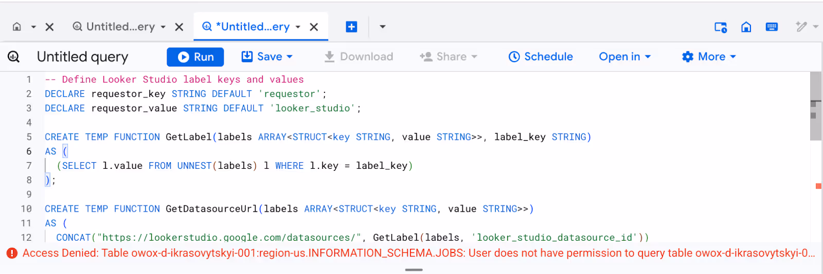 Tracking Looker Studio-triggered BigQuery jobs using labels in INFORMATION_SCHEMA.JOBS to monitor dashboard activity and query performance. i-shadow